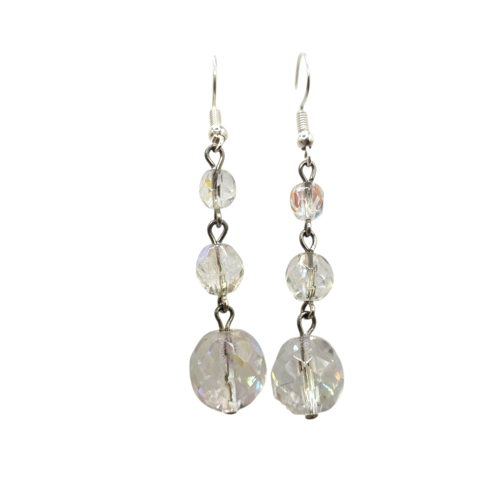 Pierced Earrings Aurora Borealis Crystal Dangle Silver Tone Glass Bead Drops